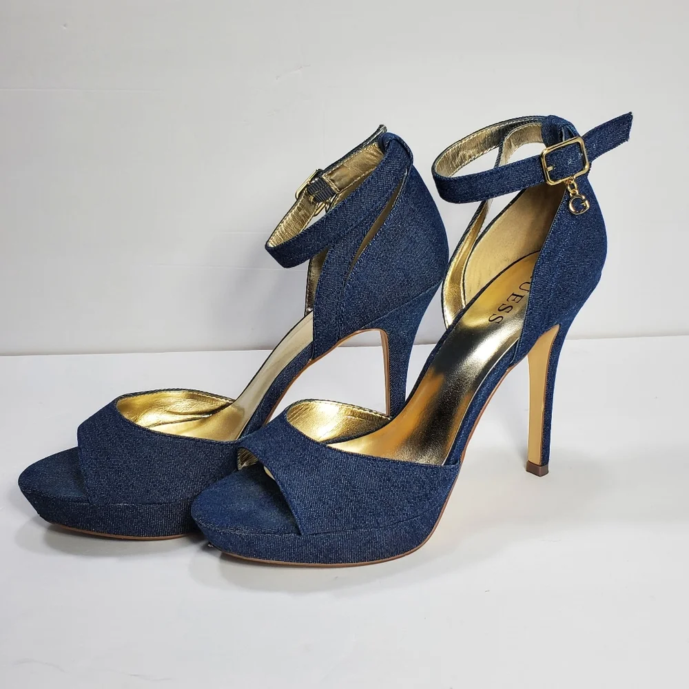 Guess Peep Toe Stilettos with Ankle Strap in Navy Size 9M_13